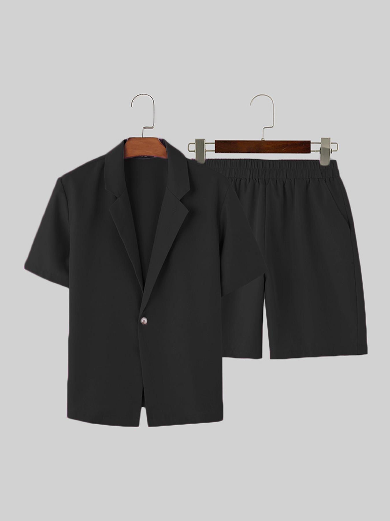 Men's Solid Color Summer Casual Blazer Suit Set, Short Sleeve Lapel Jacket.