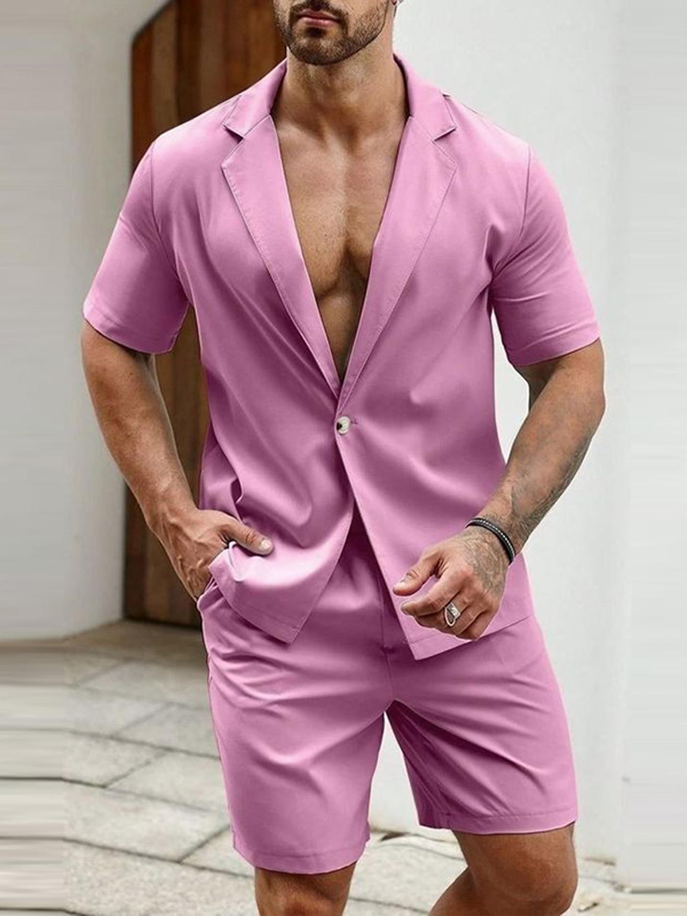 Men's Solid Color Summer Casual Blazer Suit Set, Short Sleeve Lapel Jacket.