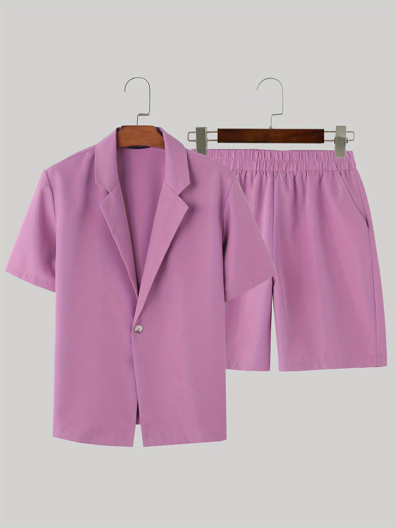 Men's Solid Color Summer Casual Blazer Suit Set, Short Sleeve Lapel Jacket.