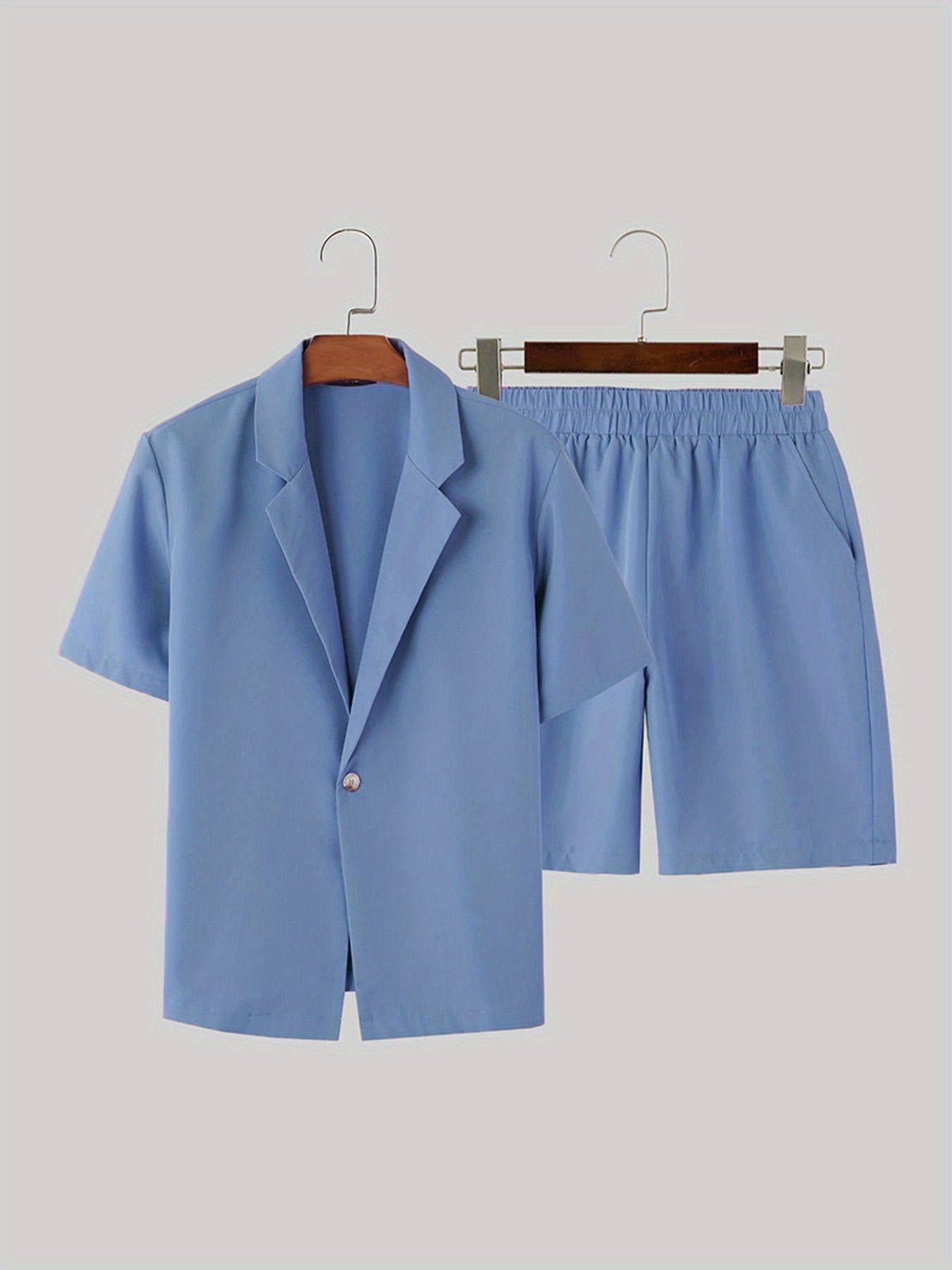 Men's Solid Color Summer Casual Blazer Suit Set, Short Sleeve Lapel Jacket.