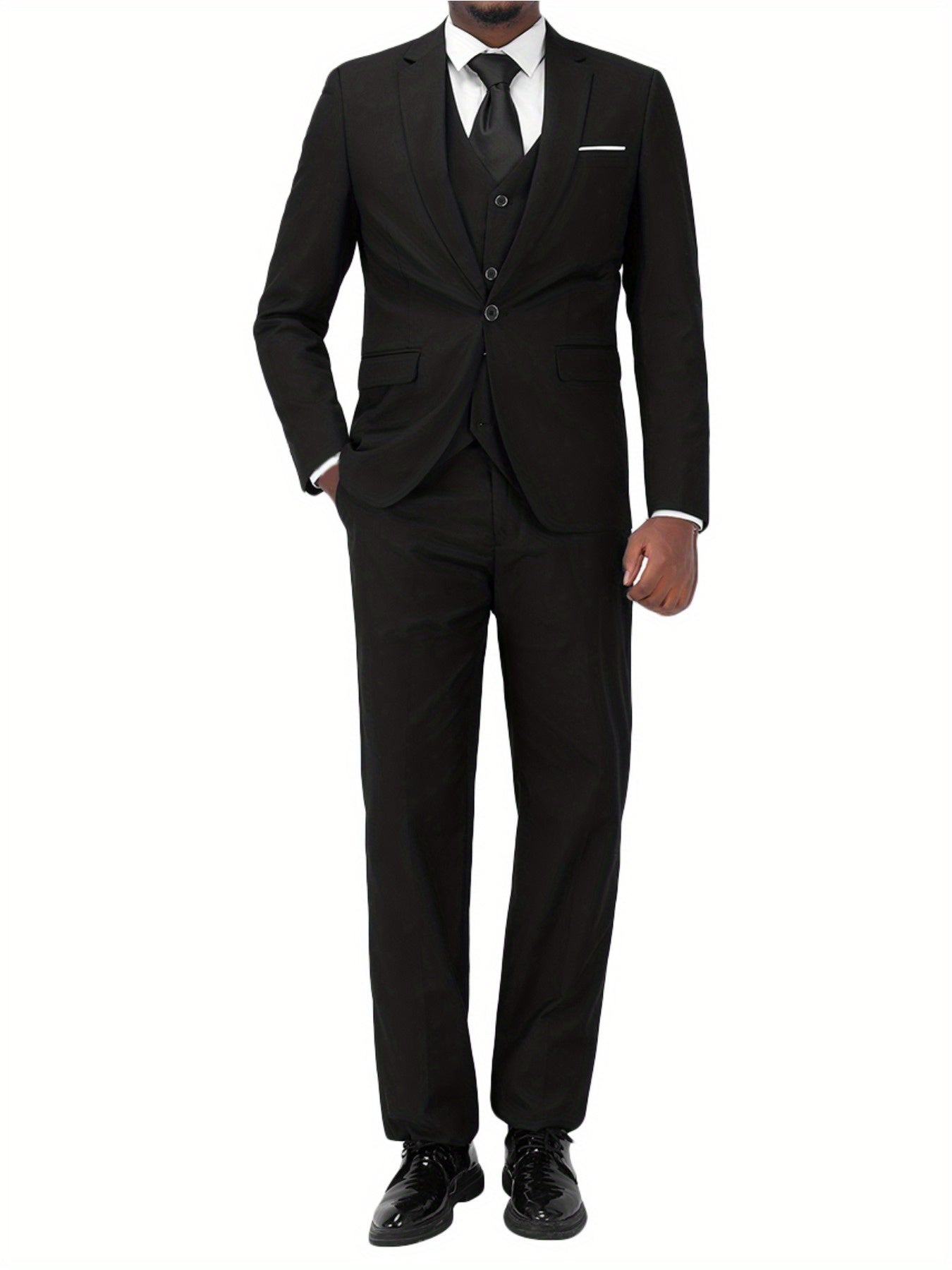 3-Piece Men's Classic Solid Dress Suit Set, One-Button Blazer Jacket.