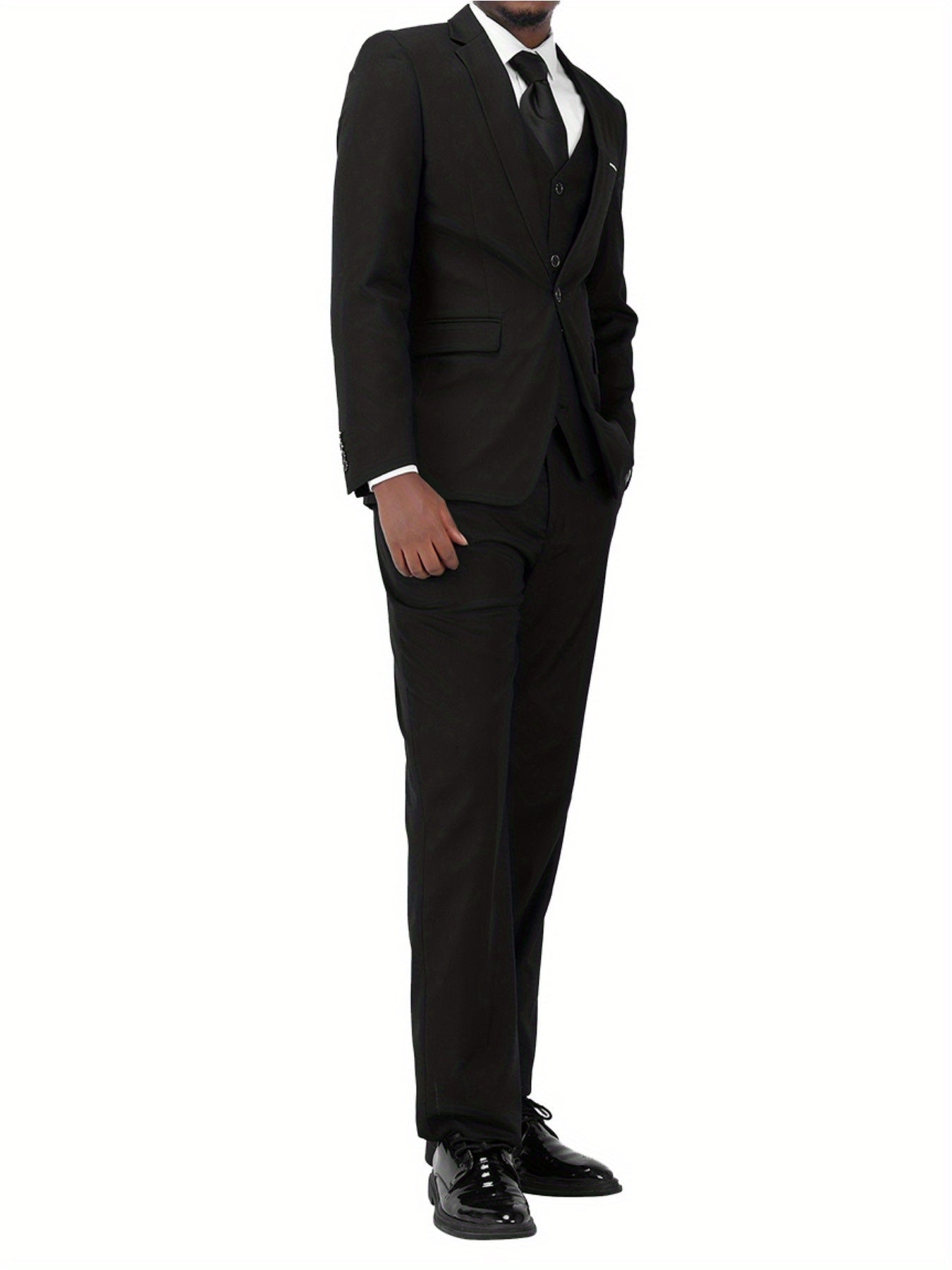 3-Piece Men's Classic Solid Dress Suit Set, One-Button Blazer Jacket.