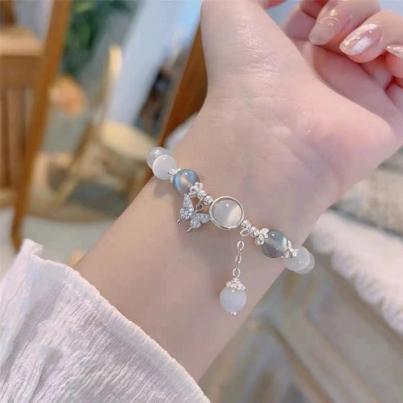 Elegant Glass Beaded Bracelet with Shimmering Butterfly Pendant, Fashion Accessory for Women, Non-Plated, Ideal for 15+ Age Group, Chic Birthday Party Jewelry or Anniversary Gift - 1pc