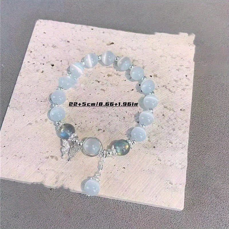 Elegant Glass Beaded Bracelet with Shimmering Butterfly Pendant, Fashion Accessory for Women, Non-Plated, Ideal for 15+ Age Group, Chic Birthday Party Jewelry or Anniversary Gift - 1pc