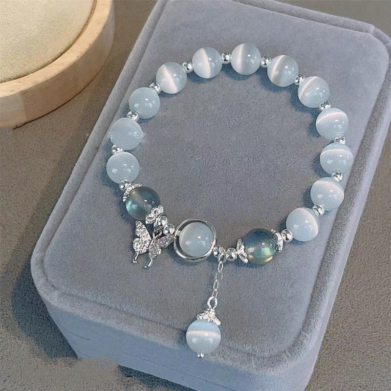 Elegant Glass Beaded Bracelet with Shimmering Butterfly Pendant, Fashion Accessory for Women, Non-Plated, Ideal for 15+ Age Group, Chic Birthday Party Jewelry or Anniversary Gift - 1pc