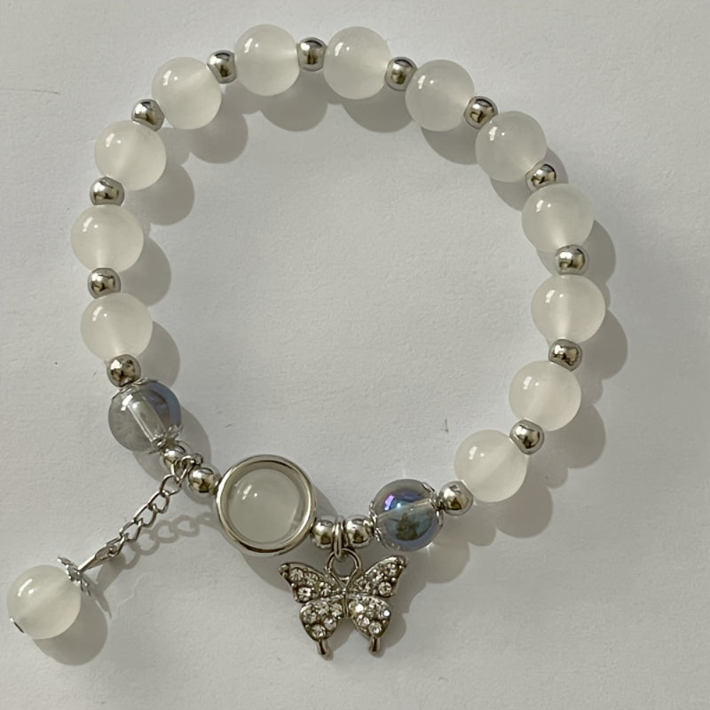 Elegant Glass Beaded Bracelet with Shimmering Butterfly Pendant, Fashion Accessory for Women, Non-Plated, Ideal for 15+ Age Group, Chic Birthday Party Jewelry or Anniversary Gift - 1pc