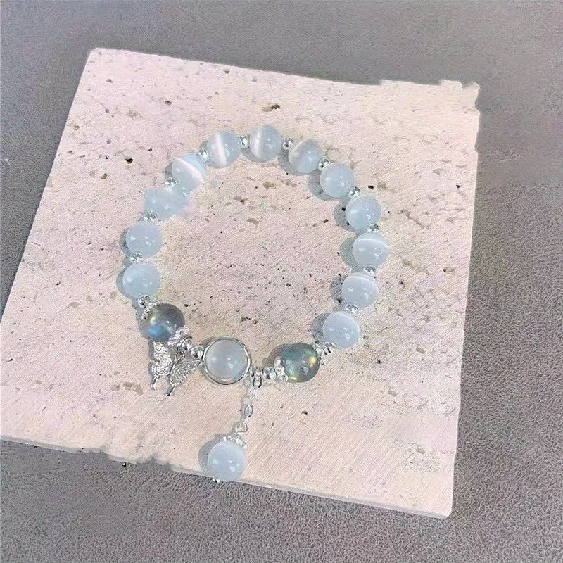 Elegant Glass Beaded Bracelet with Shimmering Butterfly Pendant, Fashion Accessory for Women, Non-Plated, Ideal for 15+ Age Group, Chic Birthday Party Jewelry or Anniversary Gift - 1pc