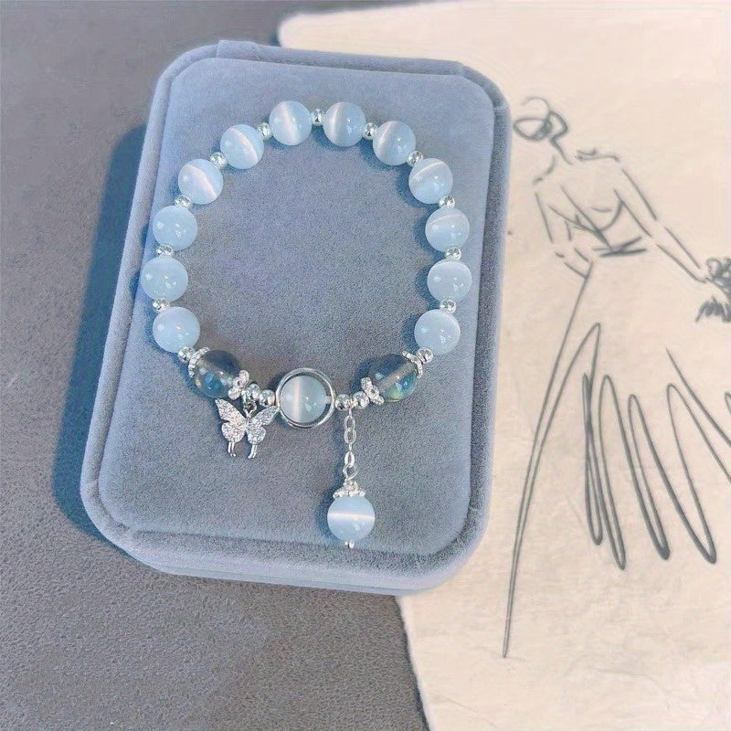 Elegant Glass Beaded Bracelet with Shimmering Butterfly Pendant, Fashion Accessory for Women, Non-Plated, Ideal for 15+ Age Group, Chic Birthday Party Jewelry or Anniversary Gift - 1pc