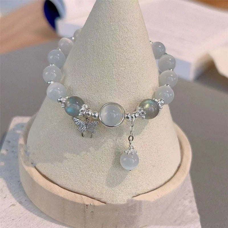 Elegant Glass Beaded Bracelet with Shimmering Butterfly Pendant, Fashion Accessory for Women, Non-Plated, Ideal for 15+ Age Group, Chic Birthday Party Jewelry or Anniversary Gift - 1pc