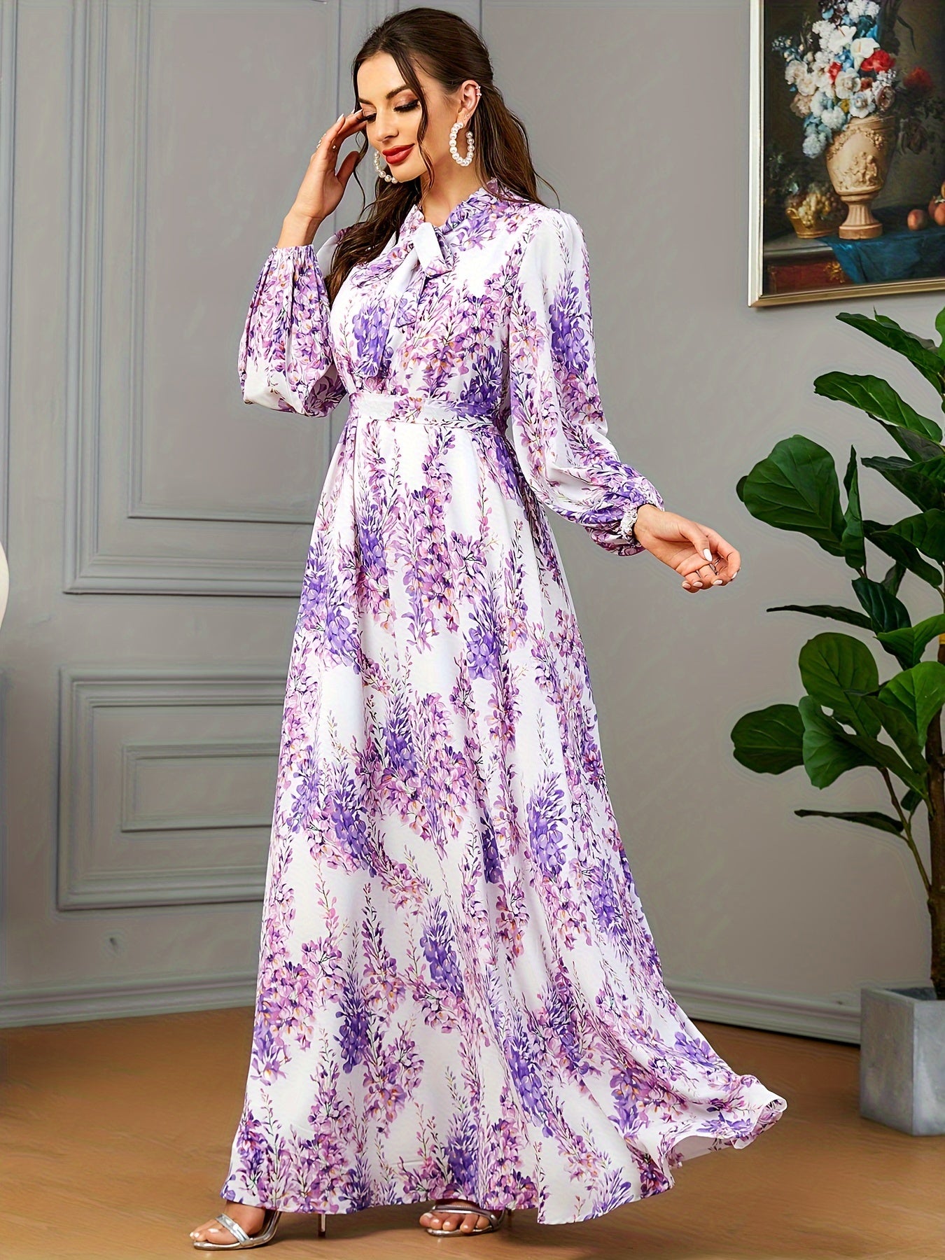Ramadan Floral Print Tie Neck Kaftan Abayas, /MH