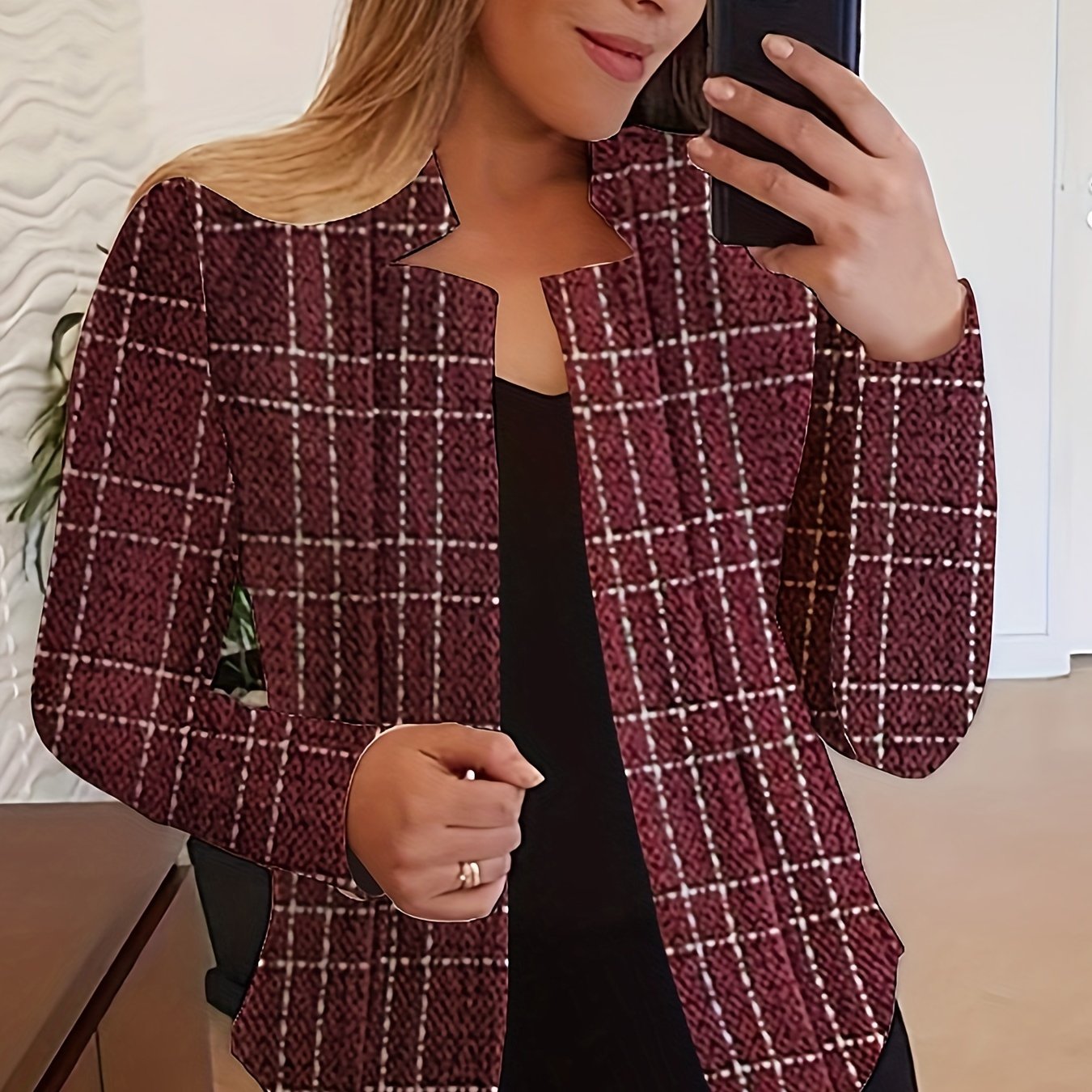 Plaid Print Open Front Blazer, Elegant Long Sleeve .