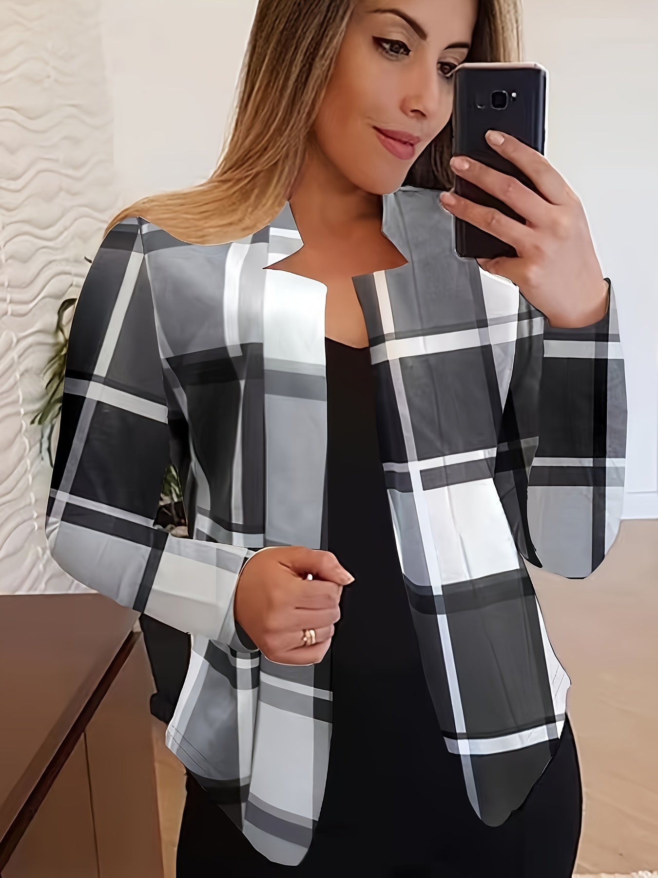 Plaid Print Open Front Blazer, Elegant Long Sleeve .