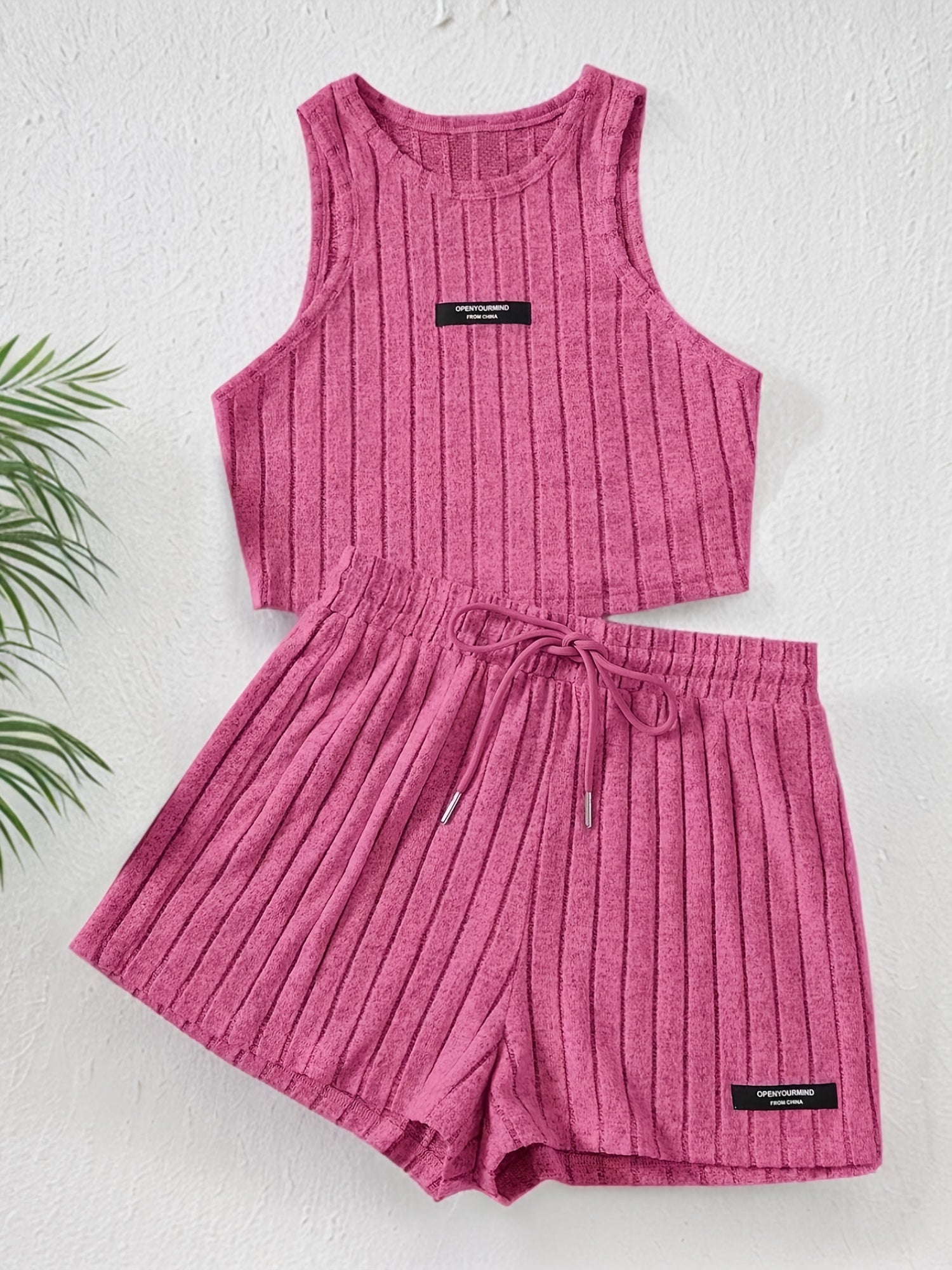 Ribbed Casual Two-piece Set, Crew Neck Sleeveless Tank Top & Drawstring Shorts Outfits, Women's Clothing
