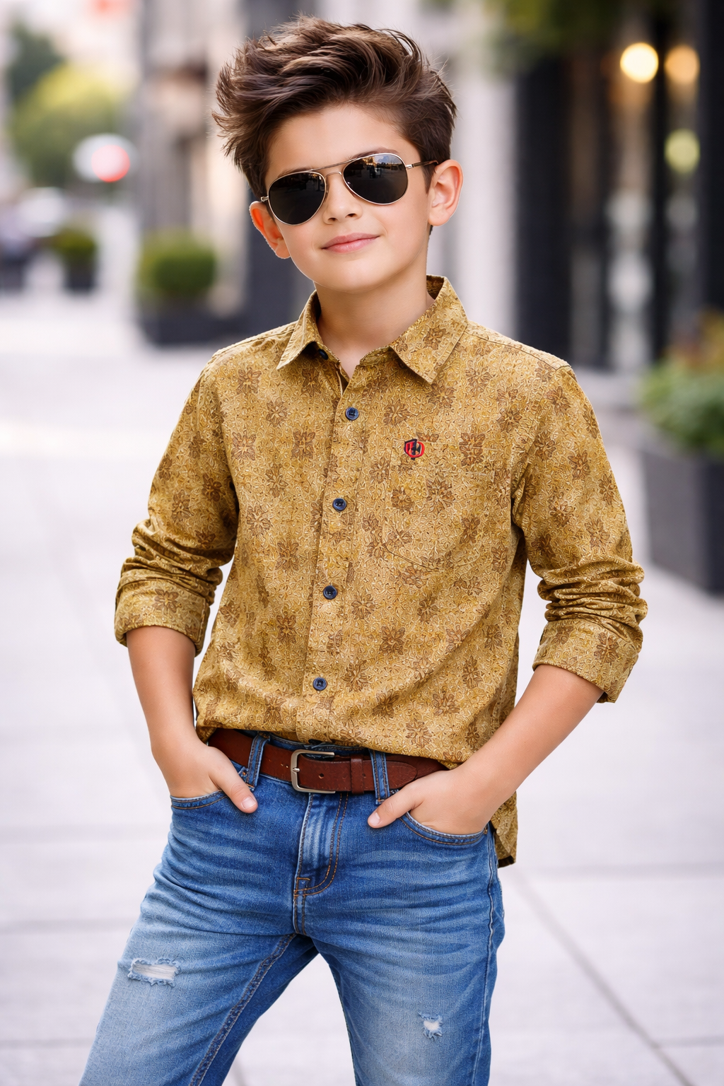 Stylish Printed Button-Up Shirt with Classic Denim Kids Outfit Set