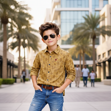 Stylish Printed Children’s Long Sleeve Geometric Shirt Mustard Beige 2-12 Years