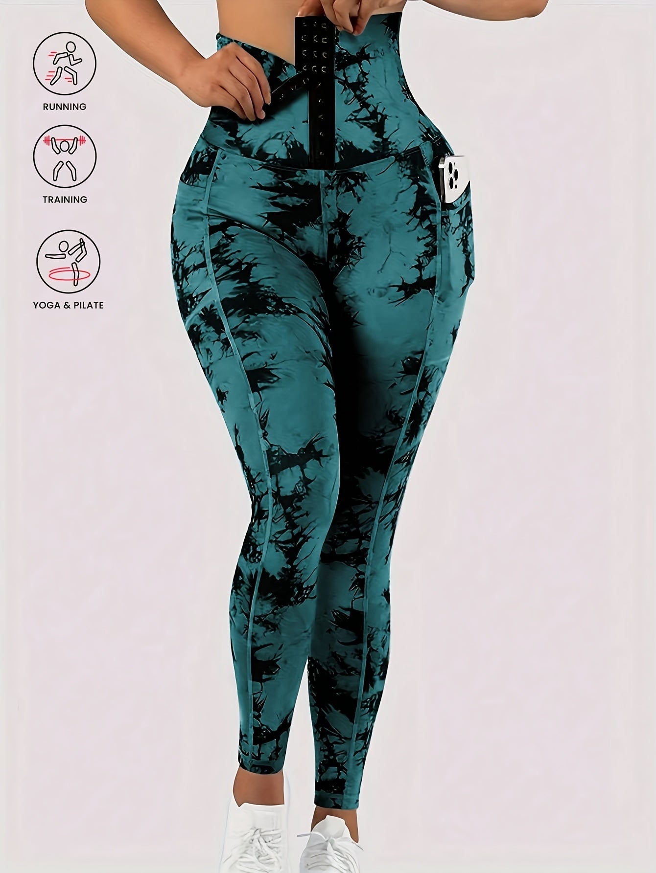 Women'S High-Waist Tie-Dye Yoga Leggings with Front Button Closure & Pockets .