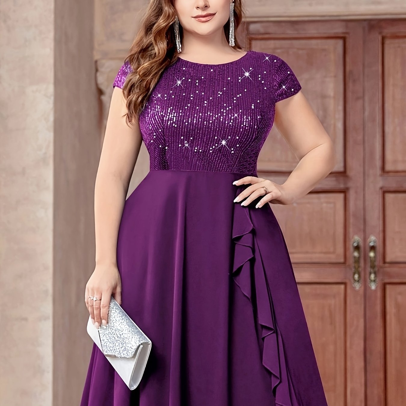 Women'S Plus-Size Chiffon Dress with Sequin Patchwork