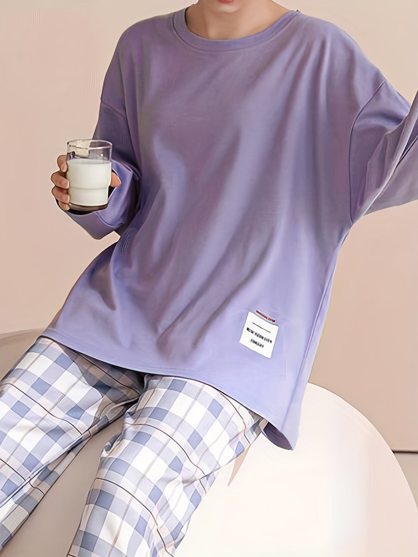 Plaid Print Crew Neck Pajamas Set,
