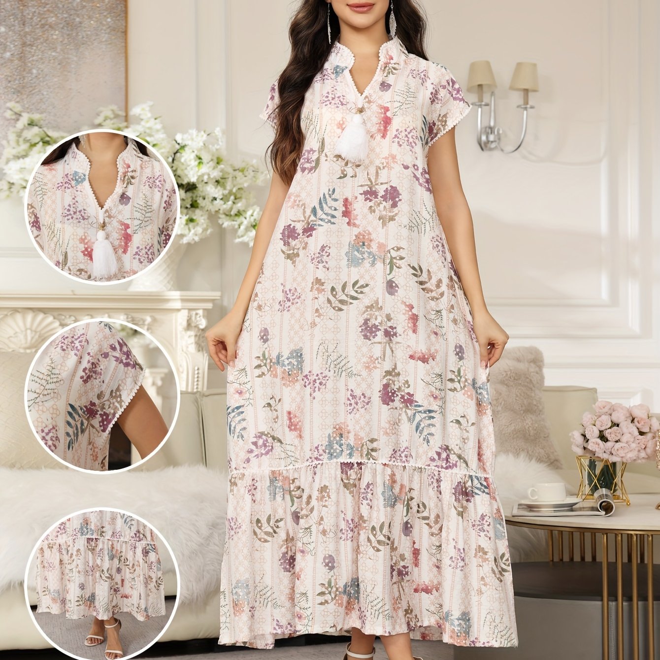 [Floral Jalabia Dress] Floral Print Elegant Jalabia Dress | V-Neck,/MH