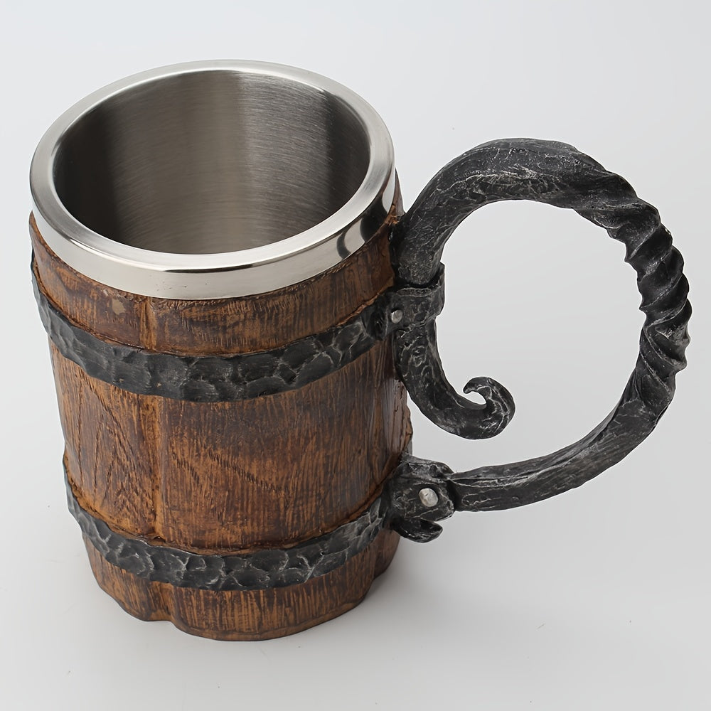 1pc Antique Viking Beer Mug - Wooden Barrel Cup with Stainless Steel Liner - Perfect Gift for Beer Lovers