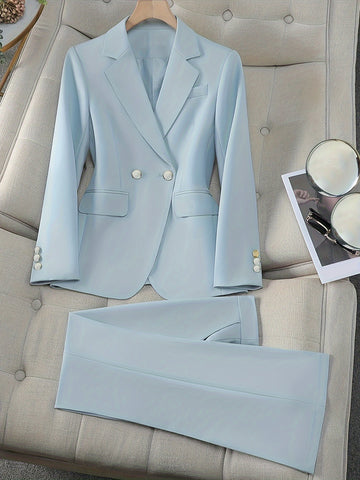 Elegant Solid Two Piece Set, Double-Breasted Label Neck Blazer.