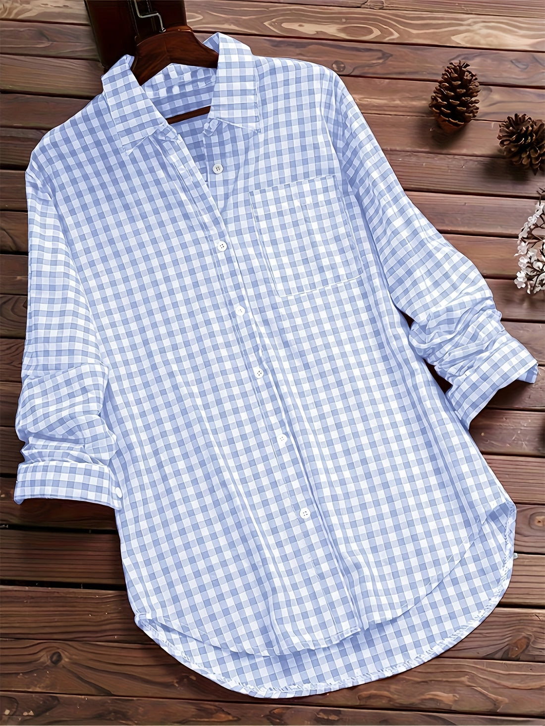 Women'S Casual Long Sleeve Gingham Check Shirt - Light Blue & White,