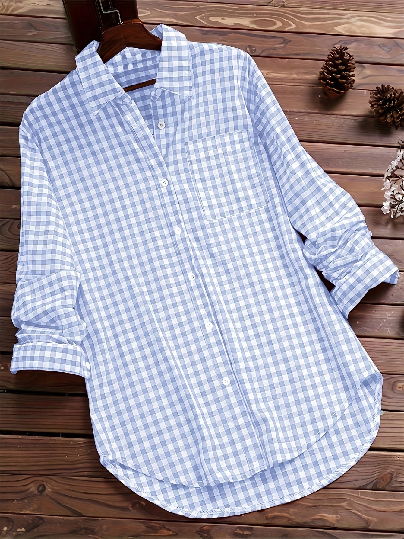Women'S Casual Long Sleeve Gingham Check Shirt - Light Blue & White,