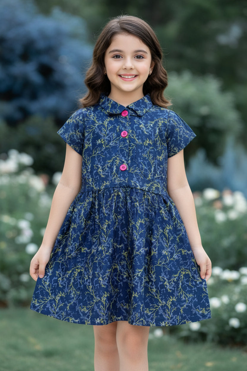 Girls Navy Blue Gold Botanical Print Long Sleeve Dress | Pink Buttons Ruffle Hem Gathered Waist | Ages 2–12 Years | MH