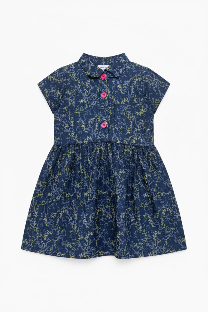 Girls Navy Blue Gold Botanical Print Long Sleeve Dress | Pink Buttons Ruffle Hem Gathered Waist | Ages 2–12 Years | MH