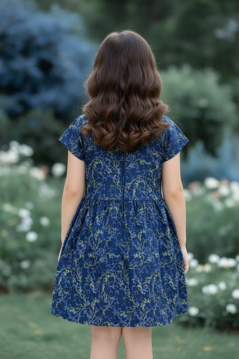 Girls Navy Blue Gold Botanical Print Long Sleeve Dress | Pink Buttons Ruffle Hem Gathered Waist | Ages 2–12 Years | MH