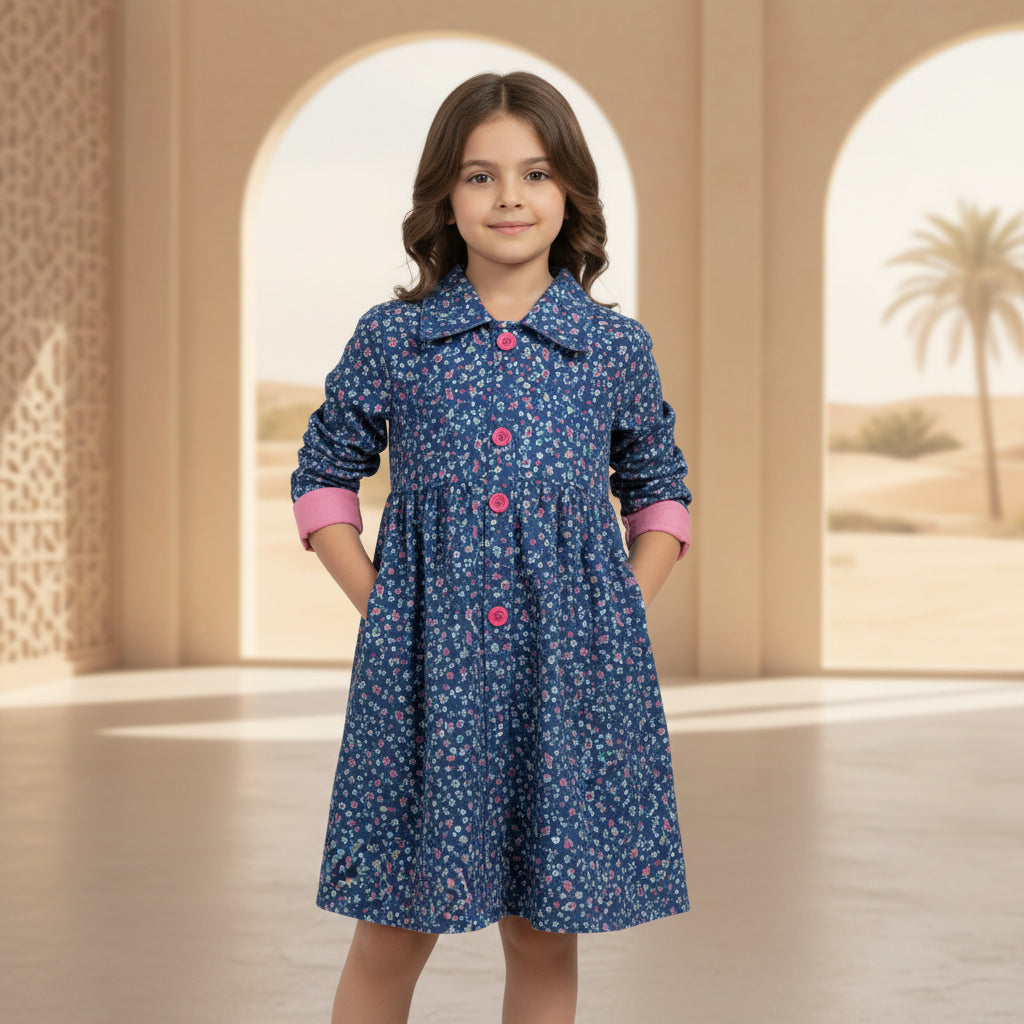 Girls' Navy Floral Short Sleeve Dress – Cotton A-Line Summer Dress with Pocket (6-36month) | MH