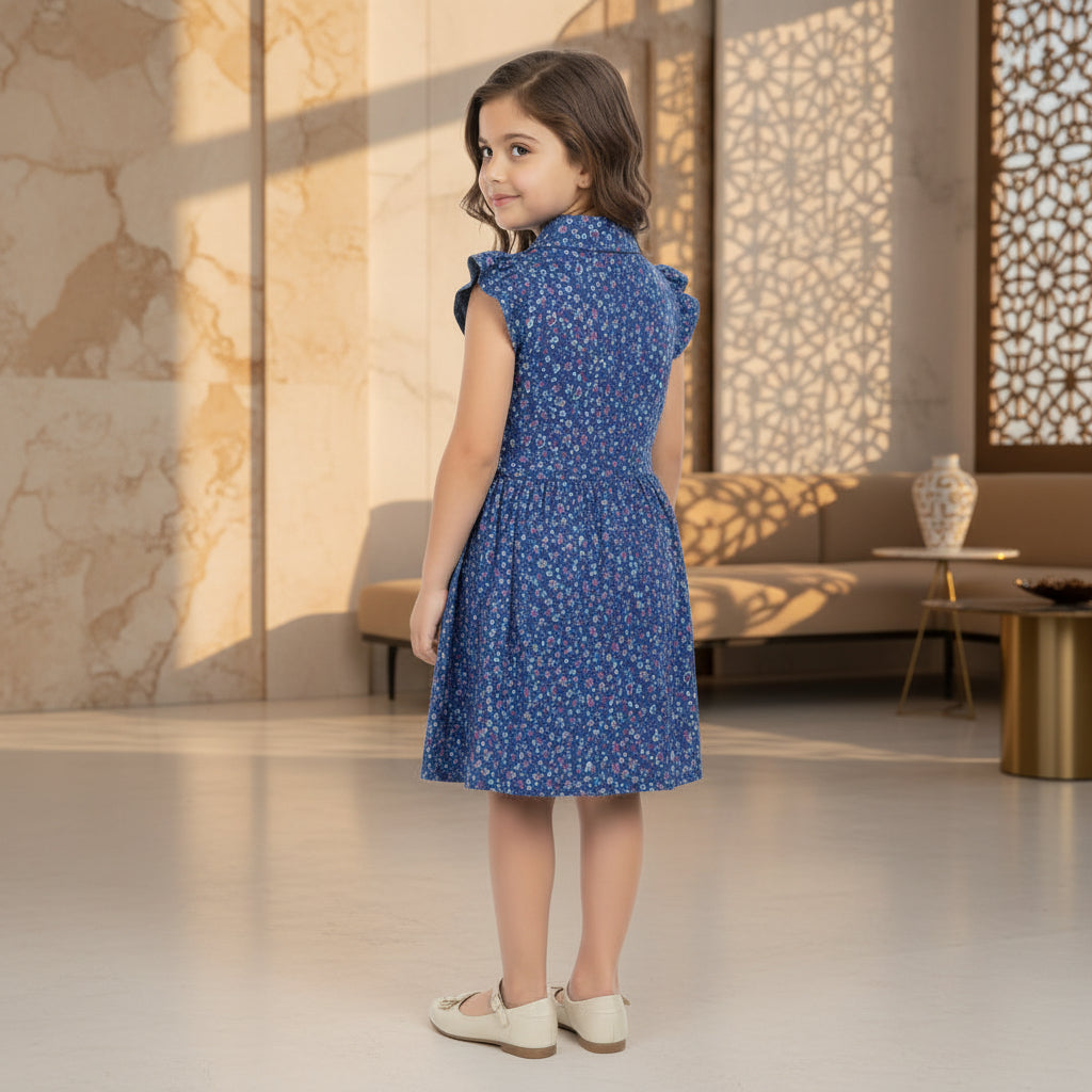 Girls' Navy Floral Short Sleeve Dress – Cotton A-Line Summer Dress with Pocket (6-36month) | MH
