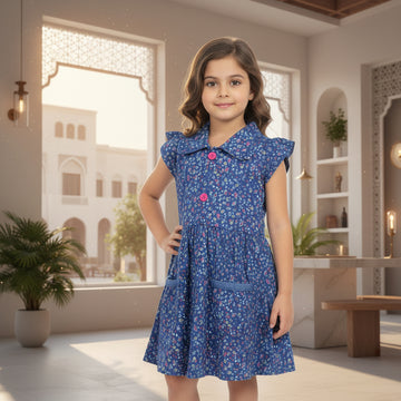 Girls' Navy Floral Short Sleeve Dress – Cotton A-Line Summer Dress with Pocket (6-36month) | MH