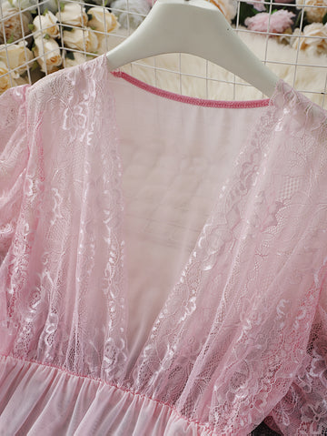 Women's Sexy Lace Trim Nightgown - Soft Pink Contrast,Nightgown,/MH