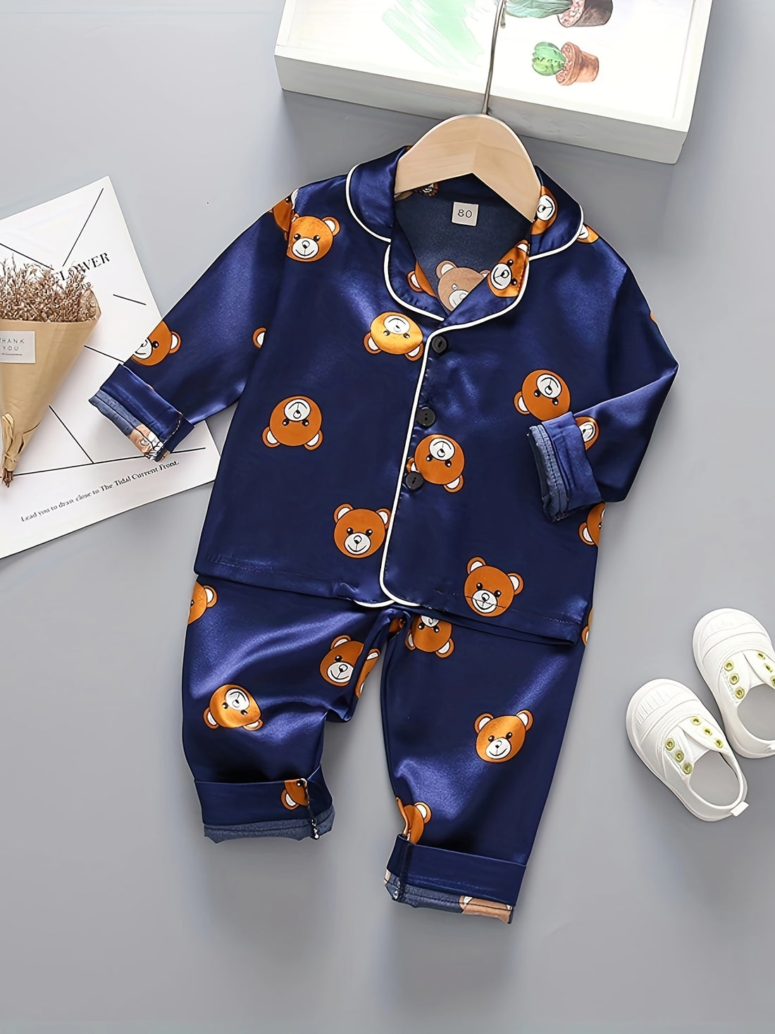 2pcs Boys Bear Print Button Up Long Sleeve Top & Elastic Waist Long Pants Set, Comfy Boys Clothes