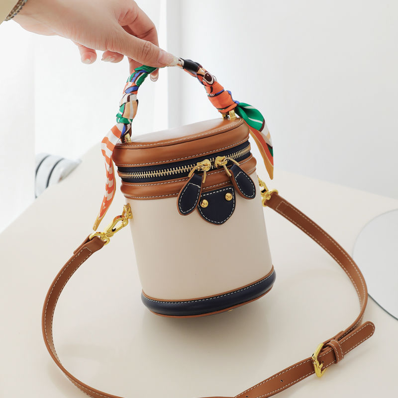 Colorblock Shoulder Cylinder Bucket Bag, Scarf Decor Top Handle Bag,