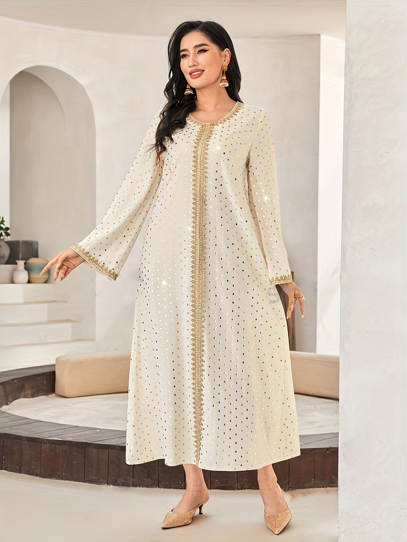 Polka Dot Print Crew Neck Kaftan Dress, Elegant women fashion'/MH