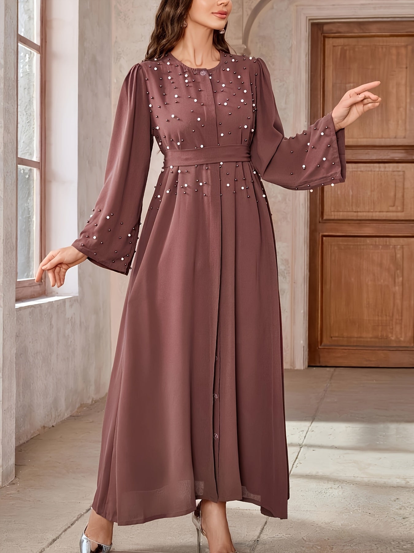Elegant Pearl Embellished Burgundy Abaya./MH