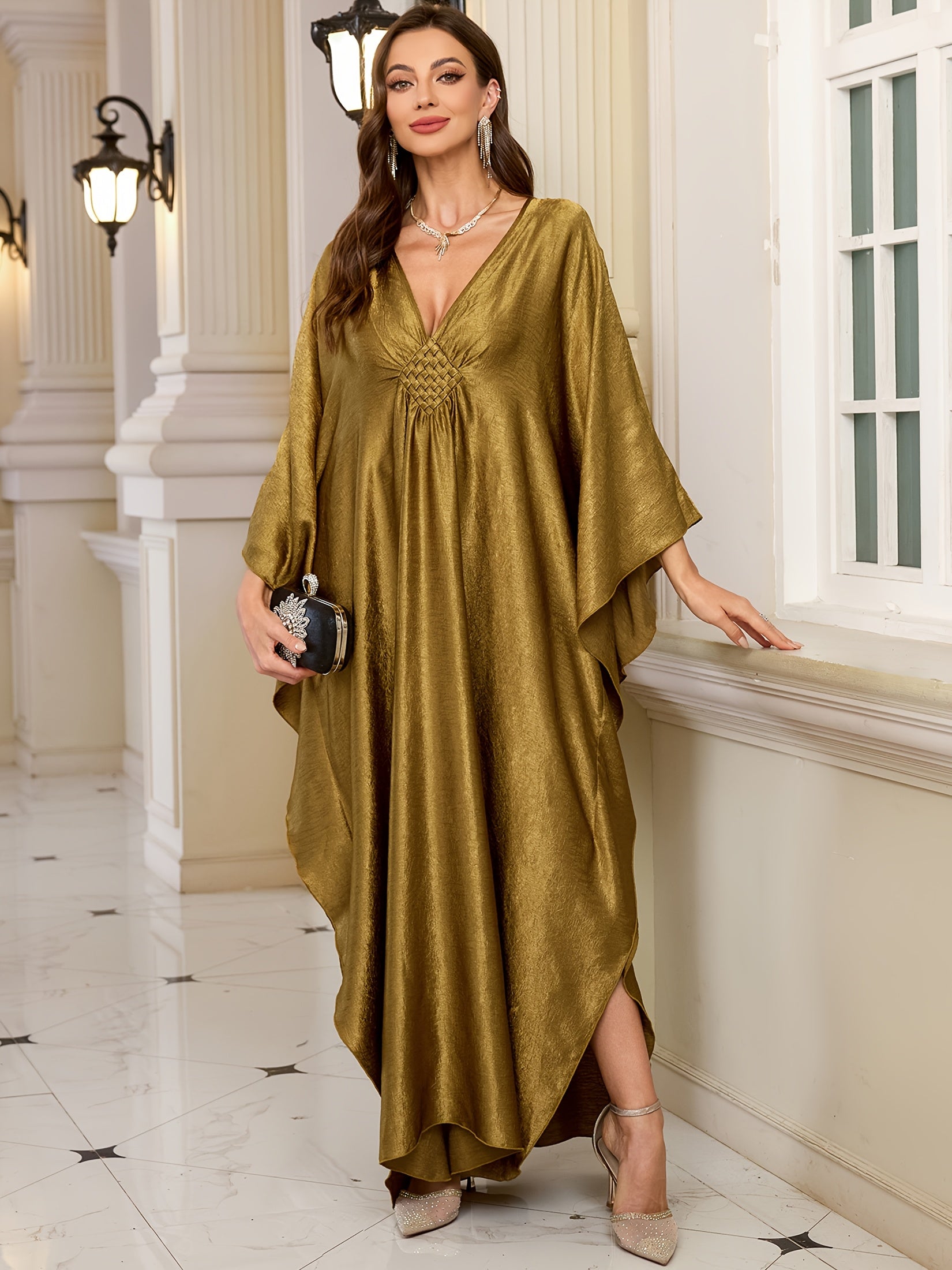 EDOLYNSA Women's Olive Green V-Neck Batwing Sleeve Kaftan ./MH