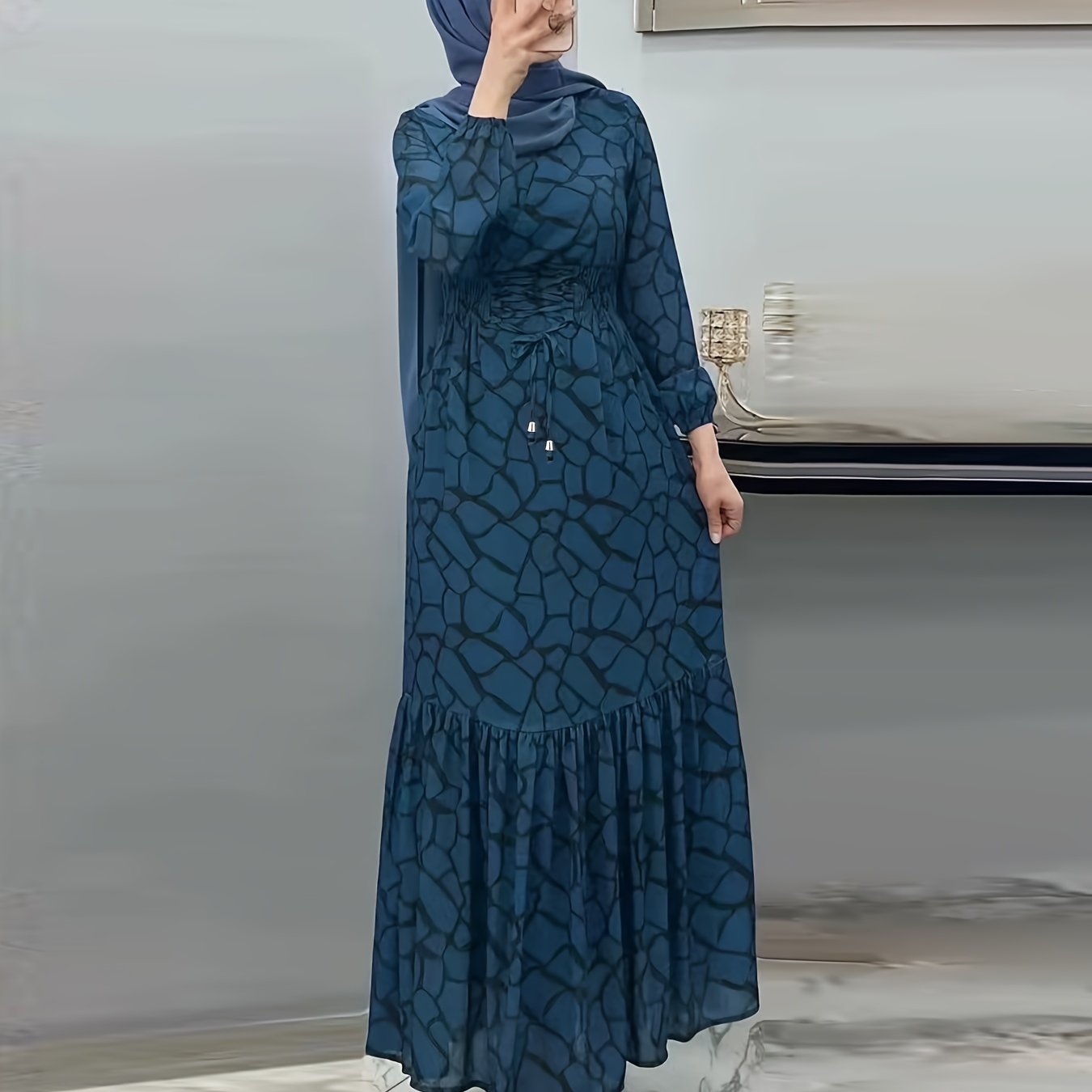 Allover Print Maxi Kaftan Dress, Casual Long Sleeve '/MH