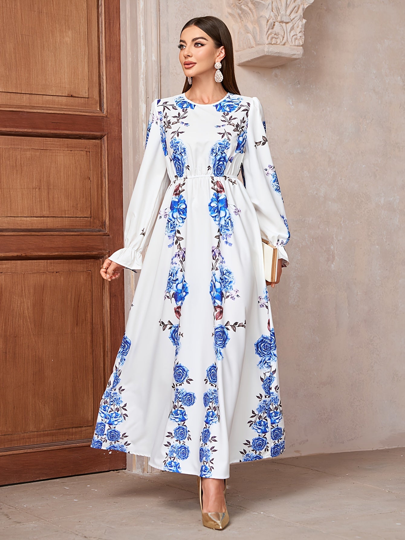 Floral Print Crew Neck Kaftan Dress, Elegant women fashion'/MH