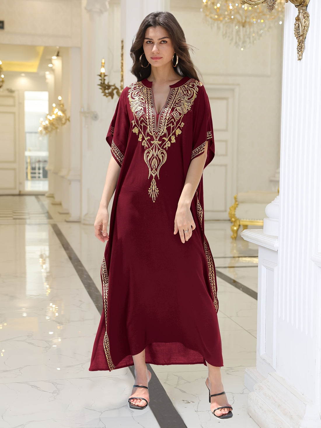 EDOLYNSA Plus Size Embroidered V-Neck Kaftan Dress, /MH