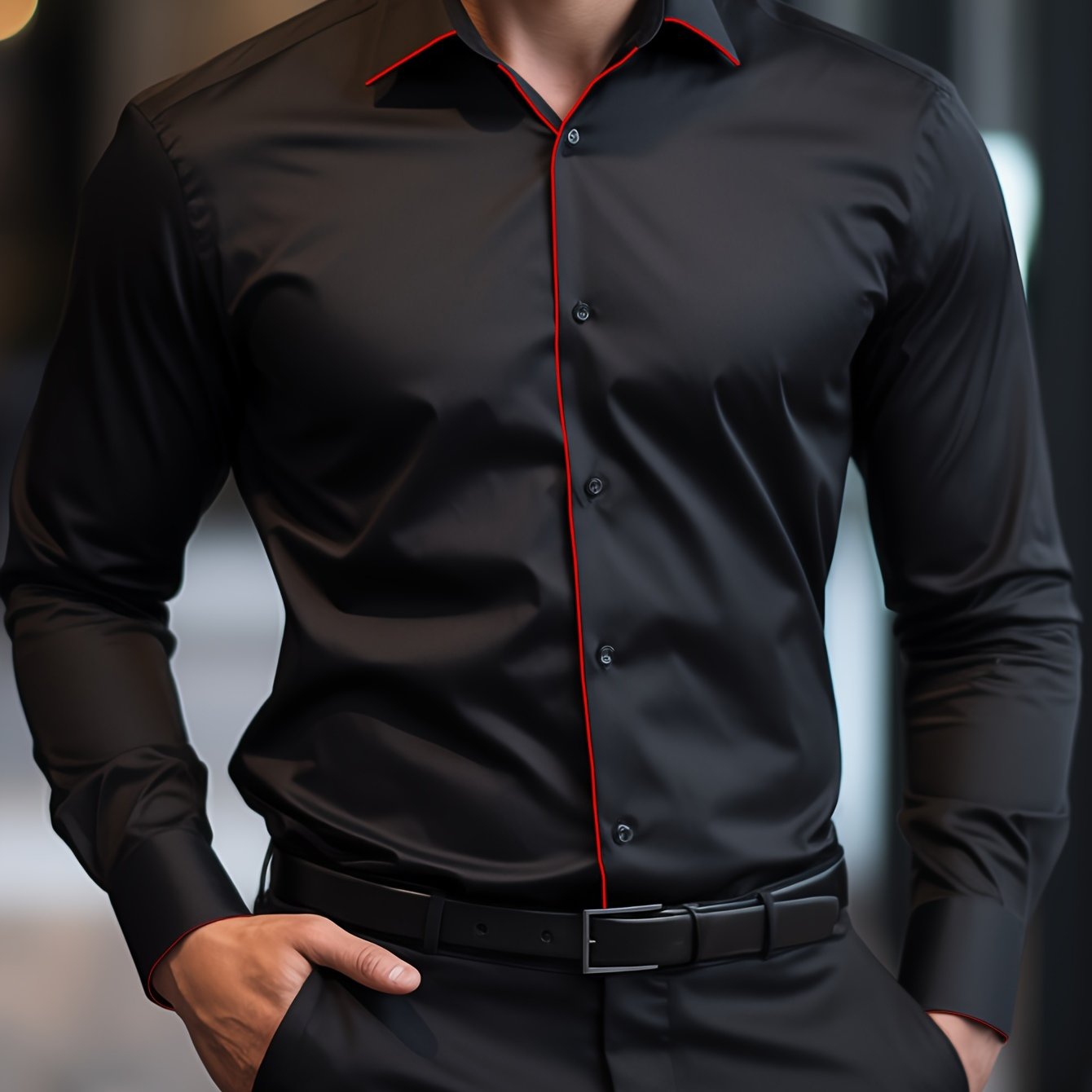 Men's Red Trim Design Lapel Collar Design Dress Shirts,