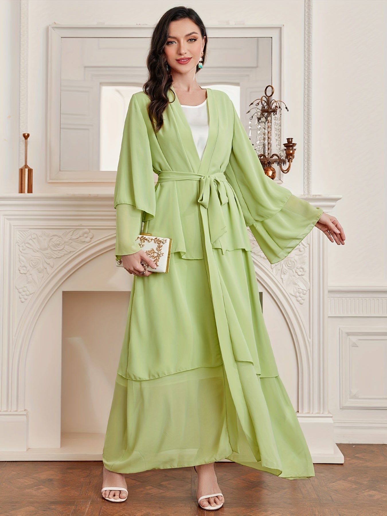 Layered Open Front Modest Dress, Long Sleeve Muslim Dress'/MH