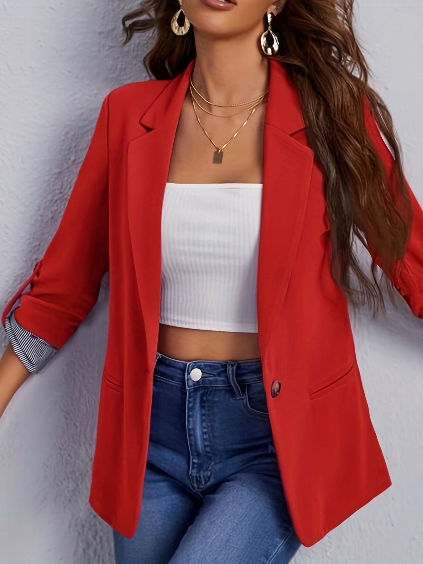 Solid Color Open Front Blazer, Elegant Lapel Neck Single Button.