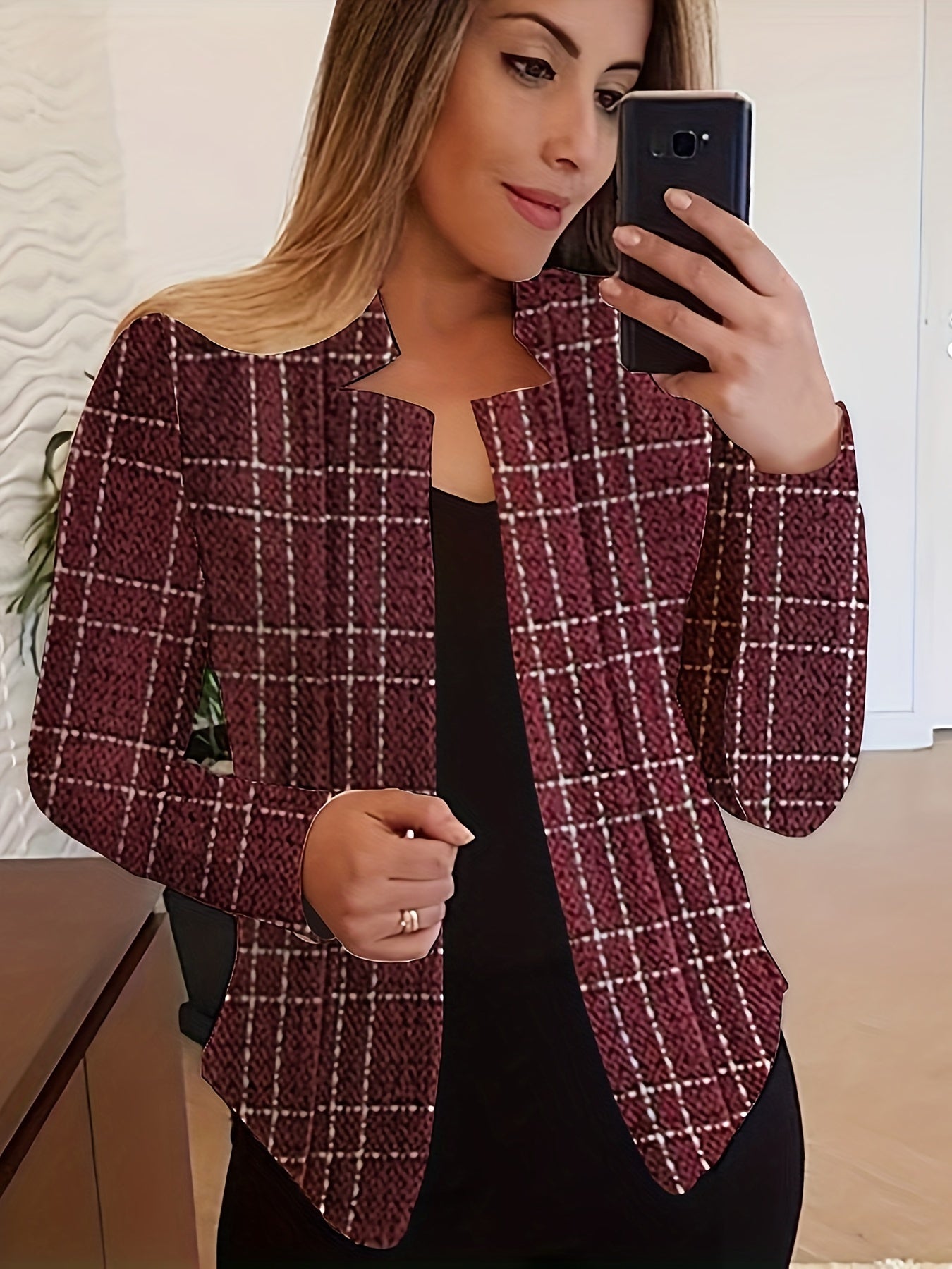 Plaid Print Open Front Blazer, Elegant Long Sleeve .