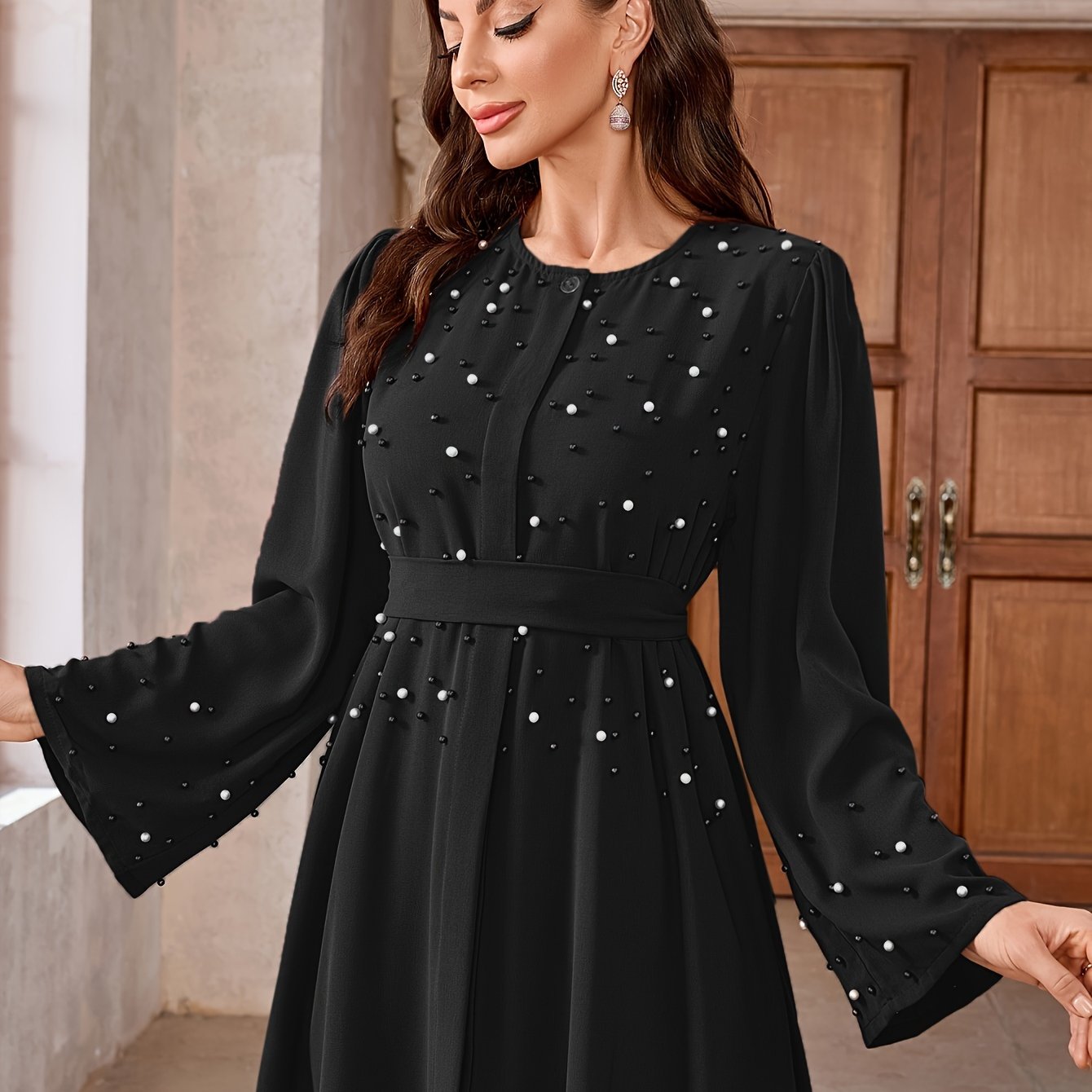 Elegant Navy Blue Abaya with Pearl Embellishments and Belt -/MH