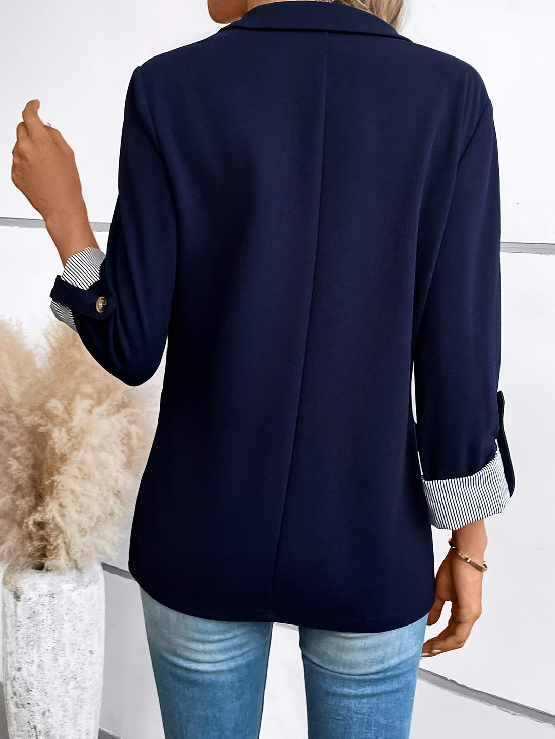 Button Front Lapel Collar Blazer, Elegant Roll Up Sleeve Blazer .