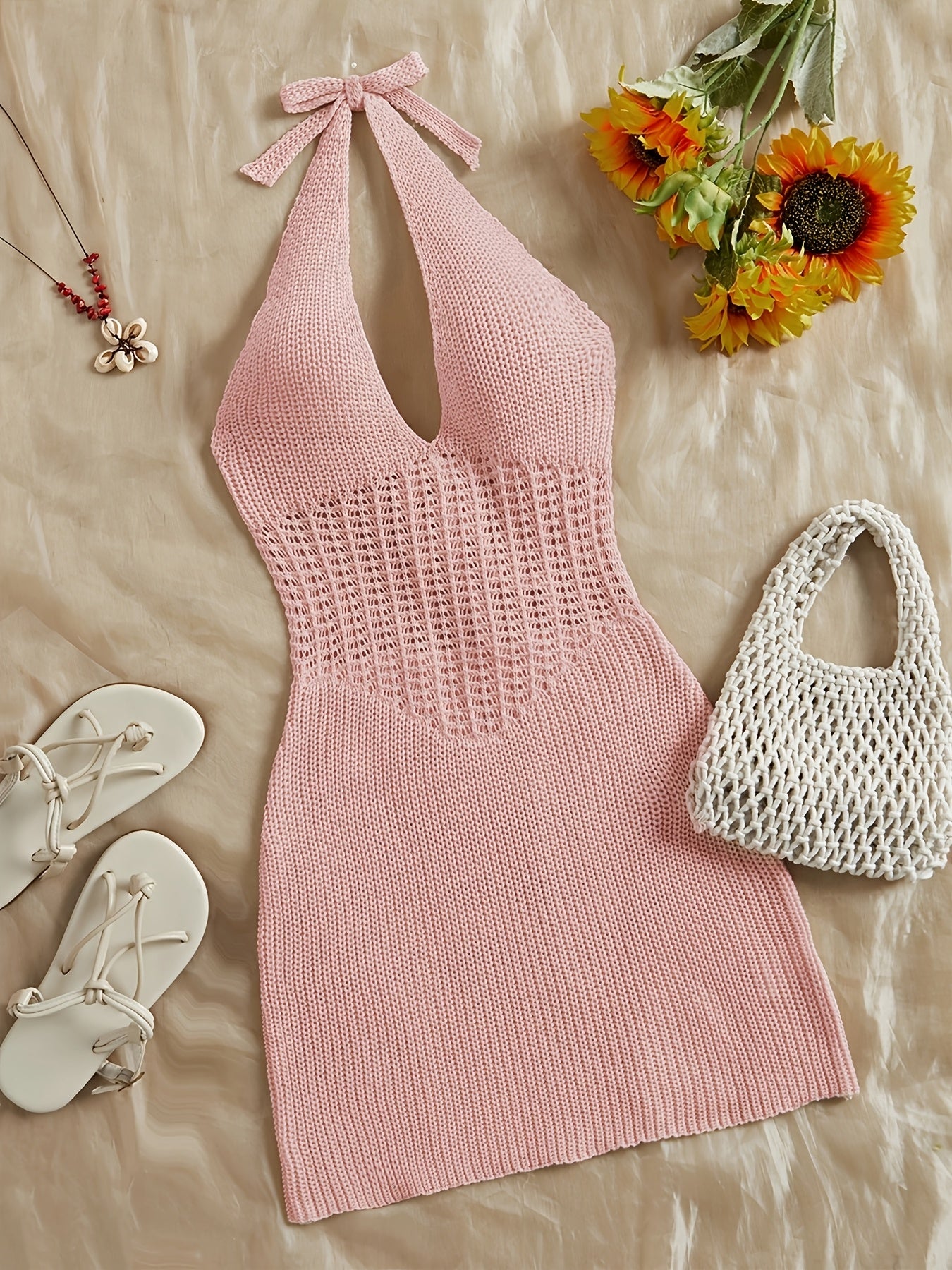 Stylish Vacay Knit Cover Up Dress - Rash Guard Shirts for Women with Halter Tie Neck and Backless Design, Swimwear and Beachwear Clothing for Summer Vacation