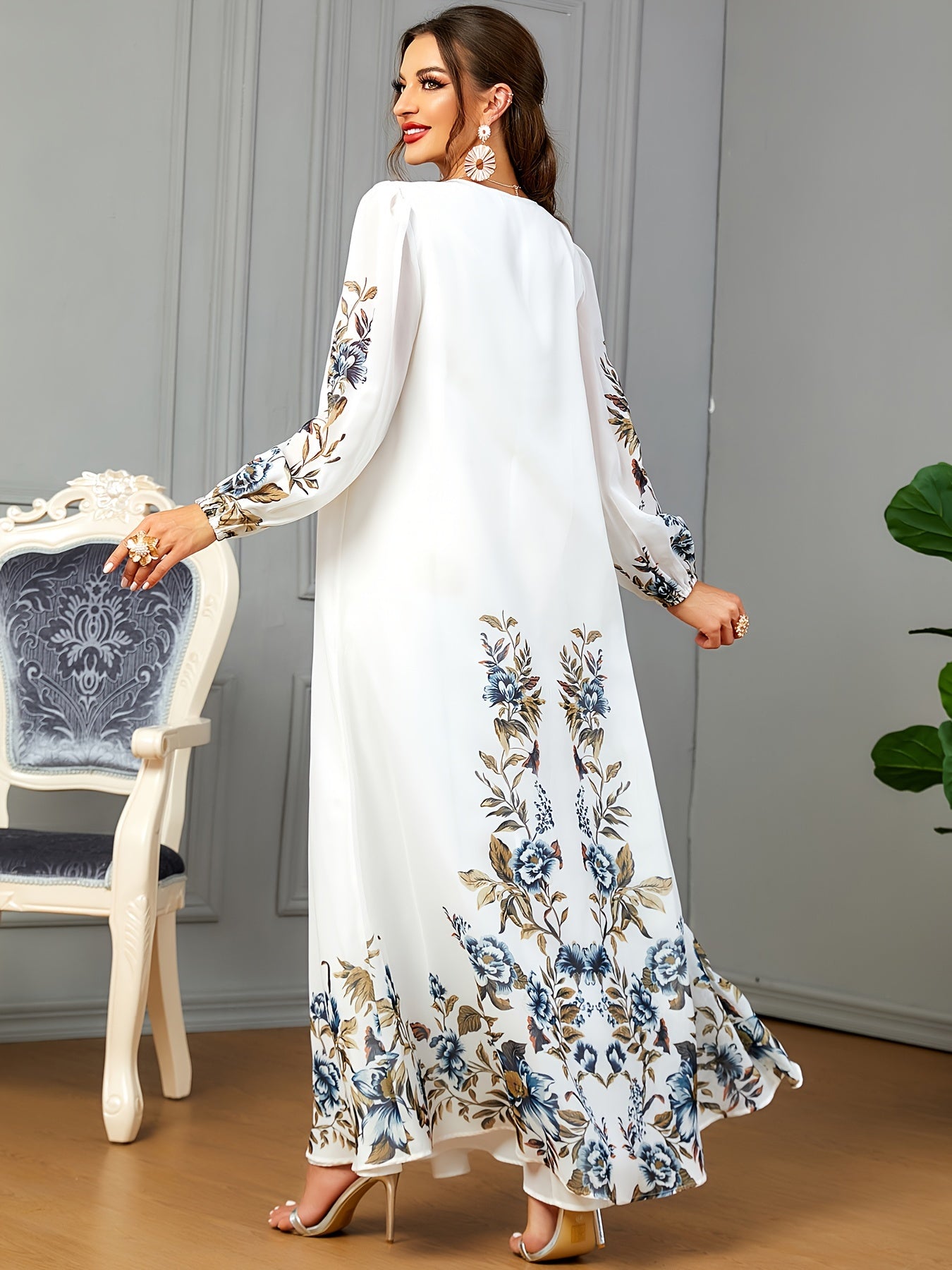Floral Print Long Sleeve Kaftan Dress, women fashion'/MH